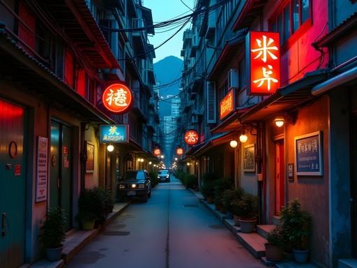 Vintage neon signs and hand-painted typography in a Hong Kong back alley during blue hour