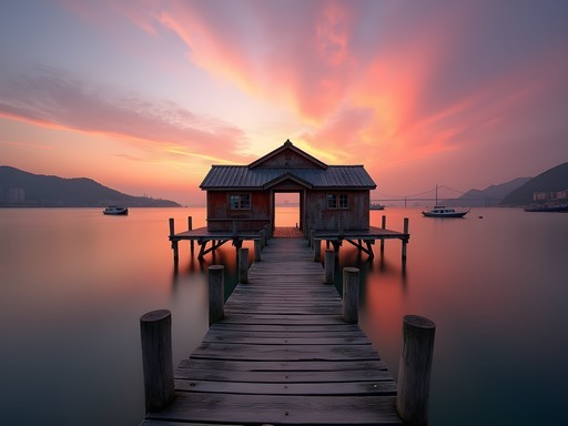 Wooden pier of Sai Wan Swimming Shed extending into the sea at sunrise with Hong Kong skyline in distance