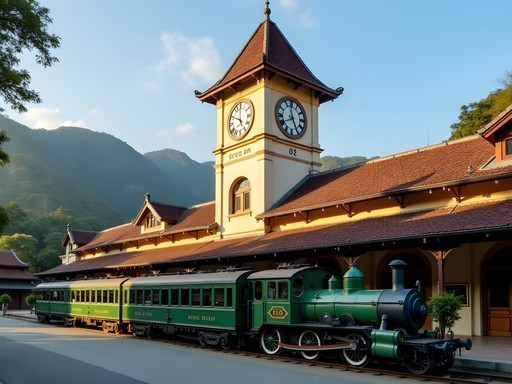 Historic Tai Po Market Railway Station with colonial architecture and vintage train carriage