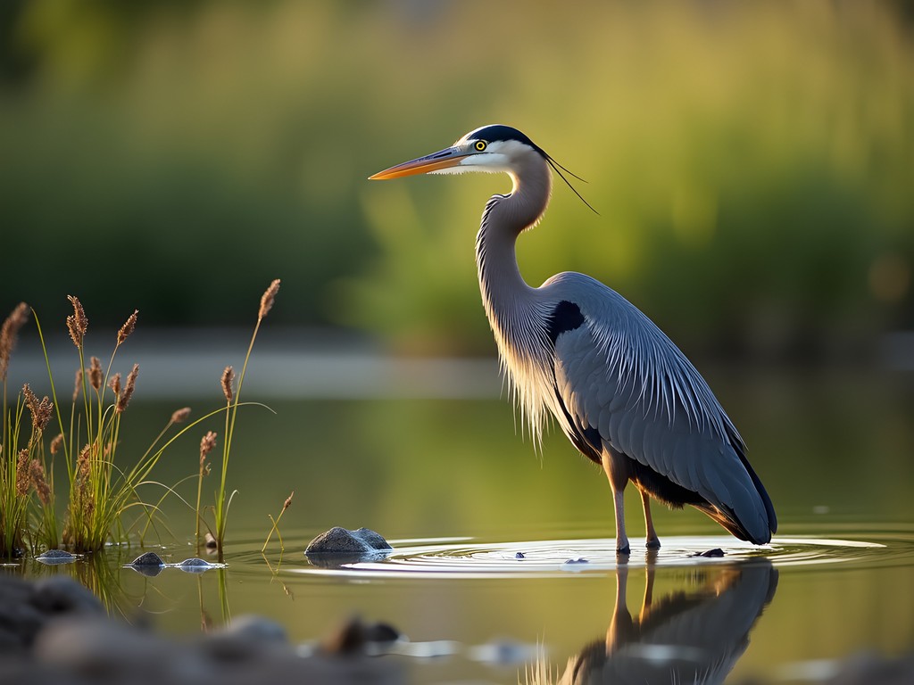 Great blue heron hunting in shallow water at Cress Creek Nature Trail