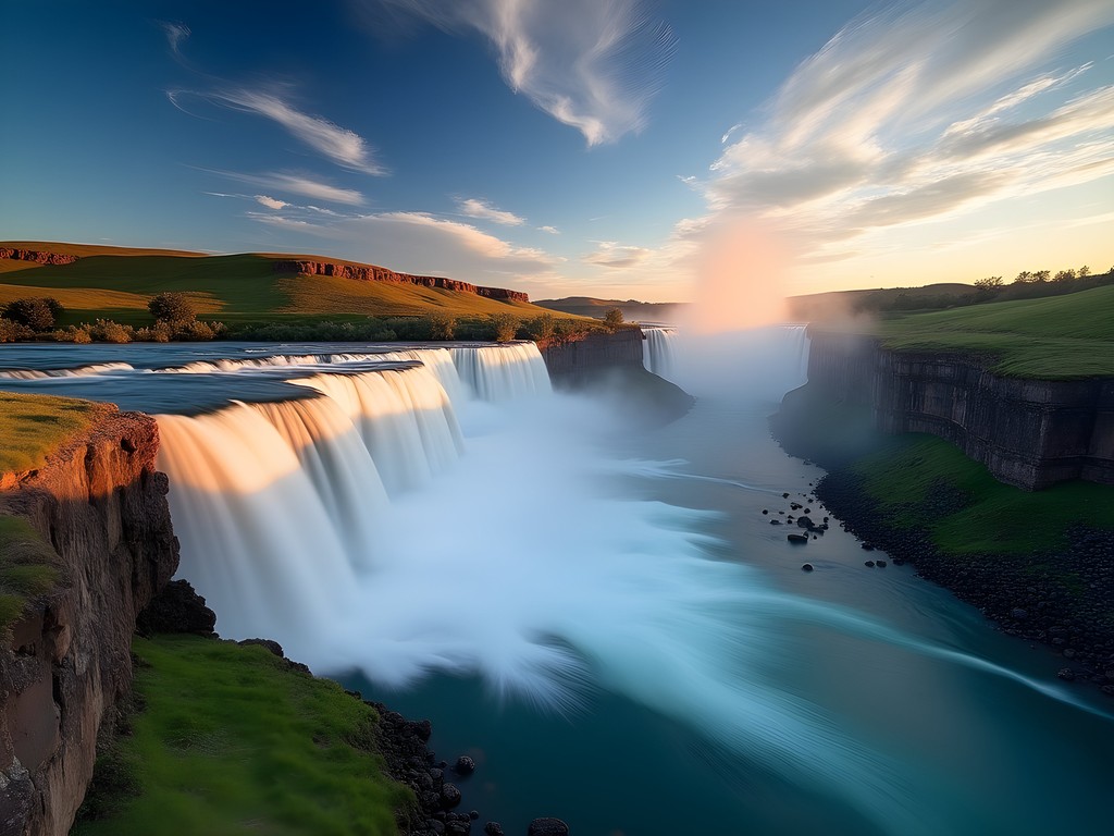 Idaho Falls waterfall during golden hour with silky water effect