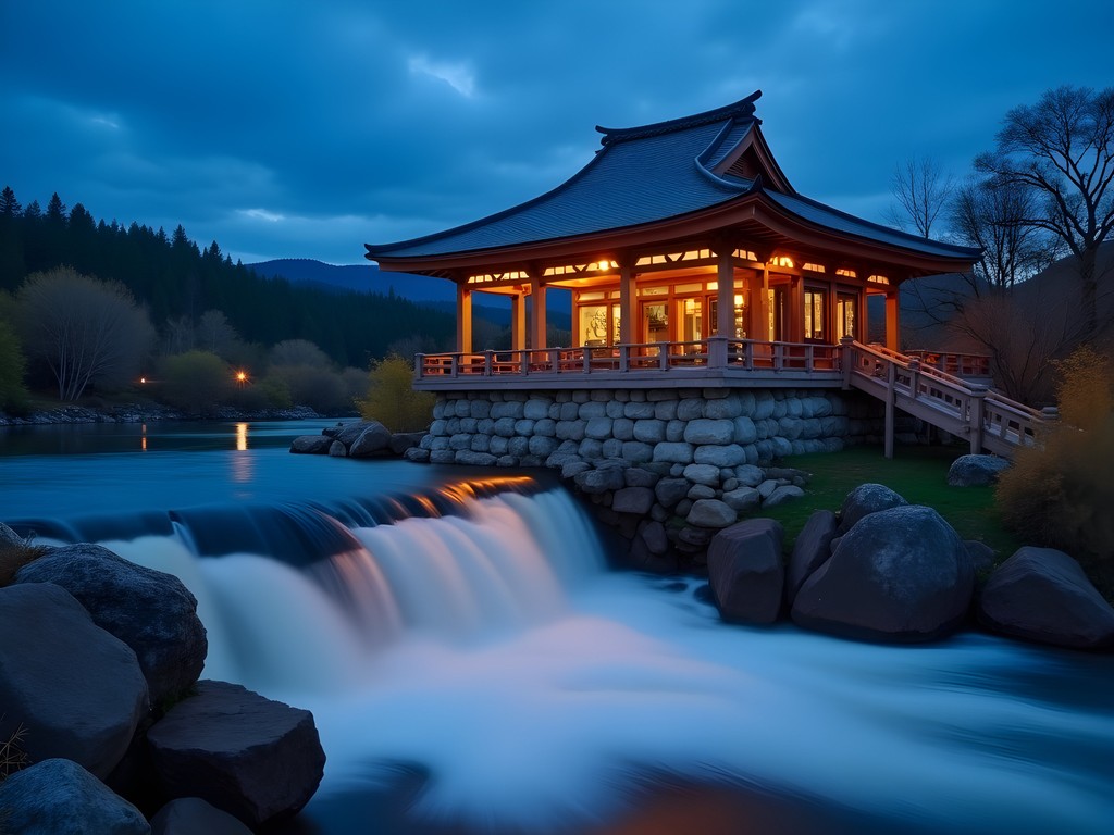 Japanese Pavilion overlooking Idaho Falls waterfall at dusk