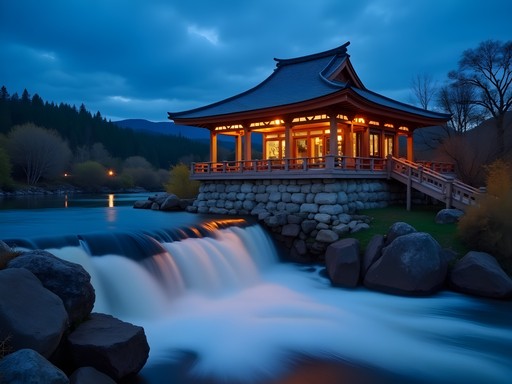 Japanese Pavilion overlooking Idaho Falls waterfall at dusk
