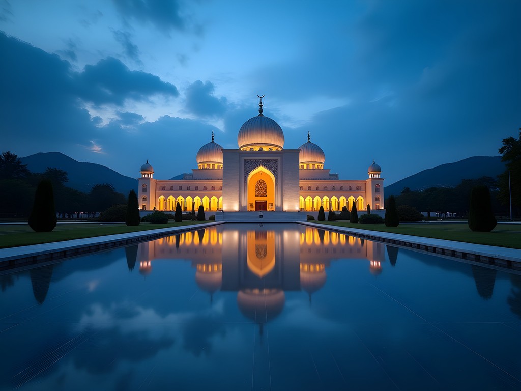 Faisal Mosque illuminated during blue hour with dramatic sky and reflections