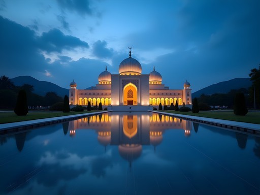 Faisal Mosque illuminated during blue hour with dramatic sky and reflections