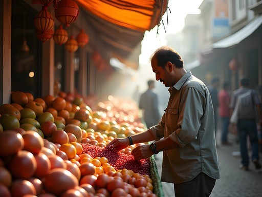 Colorful market scene in Islamabad with vendor arranging fruit displays in morning light