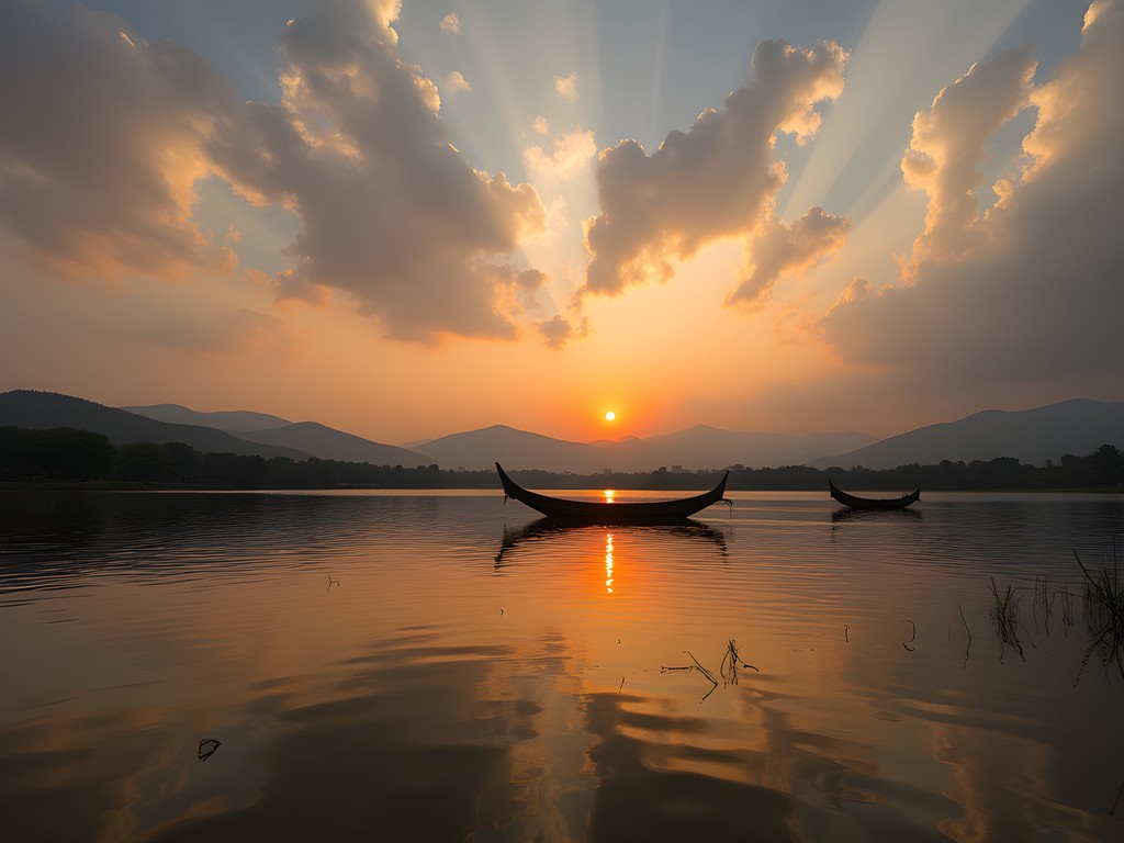 Golden sunset over Rawal Lake with perfect reflections and small boats in silhouette