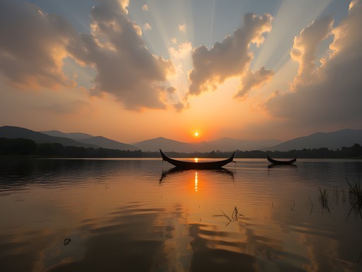 Golden sunset over Rawal Lake with perfect reflections and small boats in silhouette