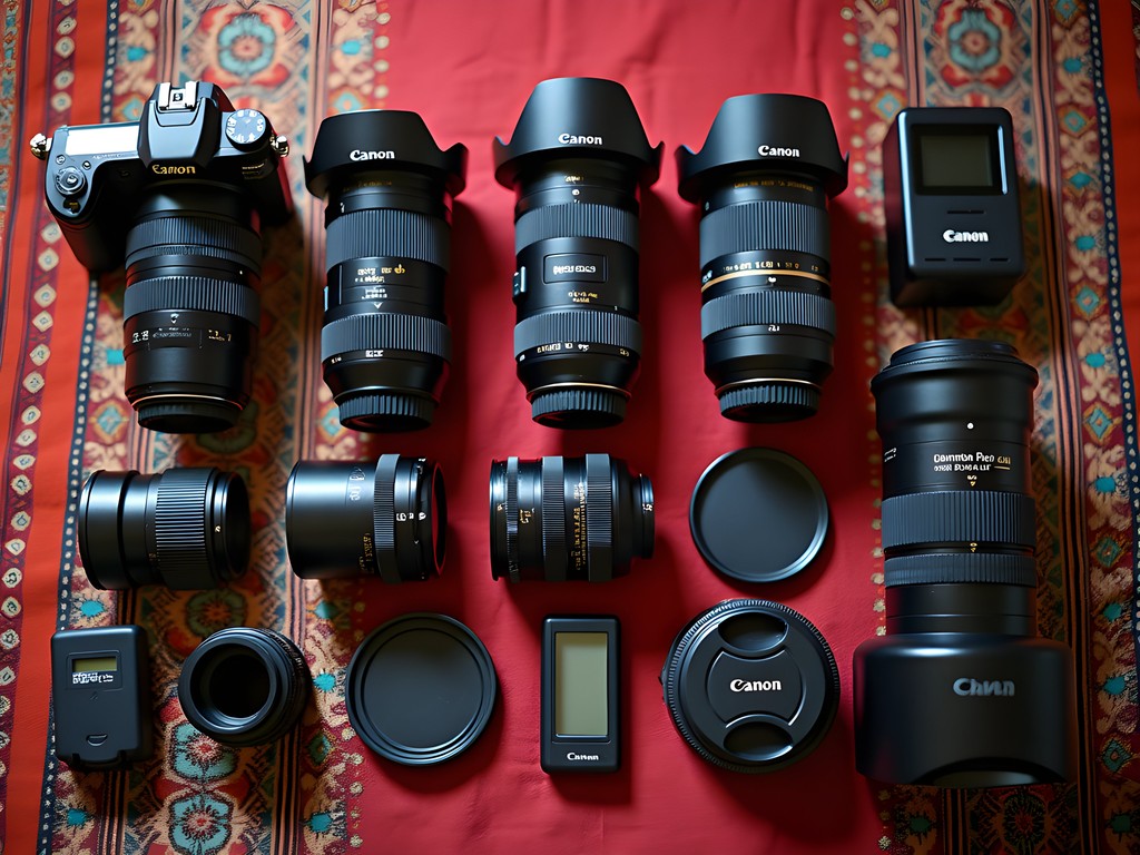 Professional photography gear arranged on traditional Rajasthani textile