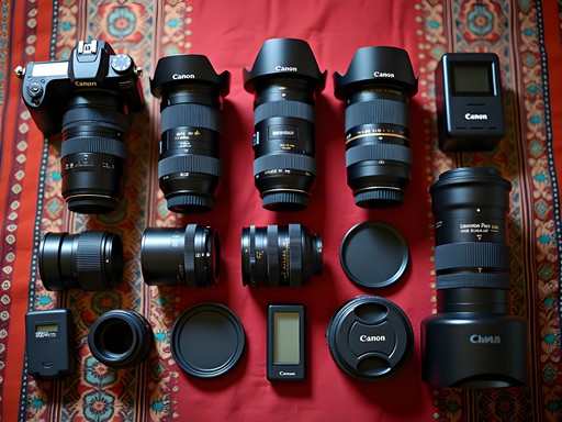 Professional photography gear arranged on traditional Rajasthani textile