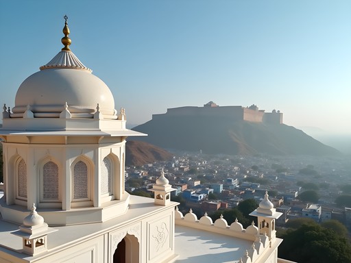 White marble domes of Jaswant Thada with blue city and Mehrangarh Fort in background