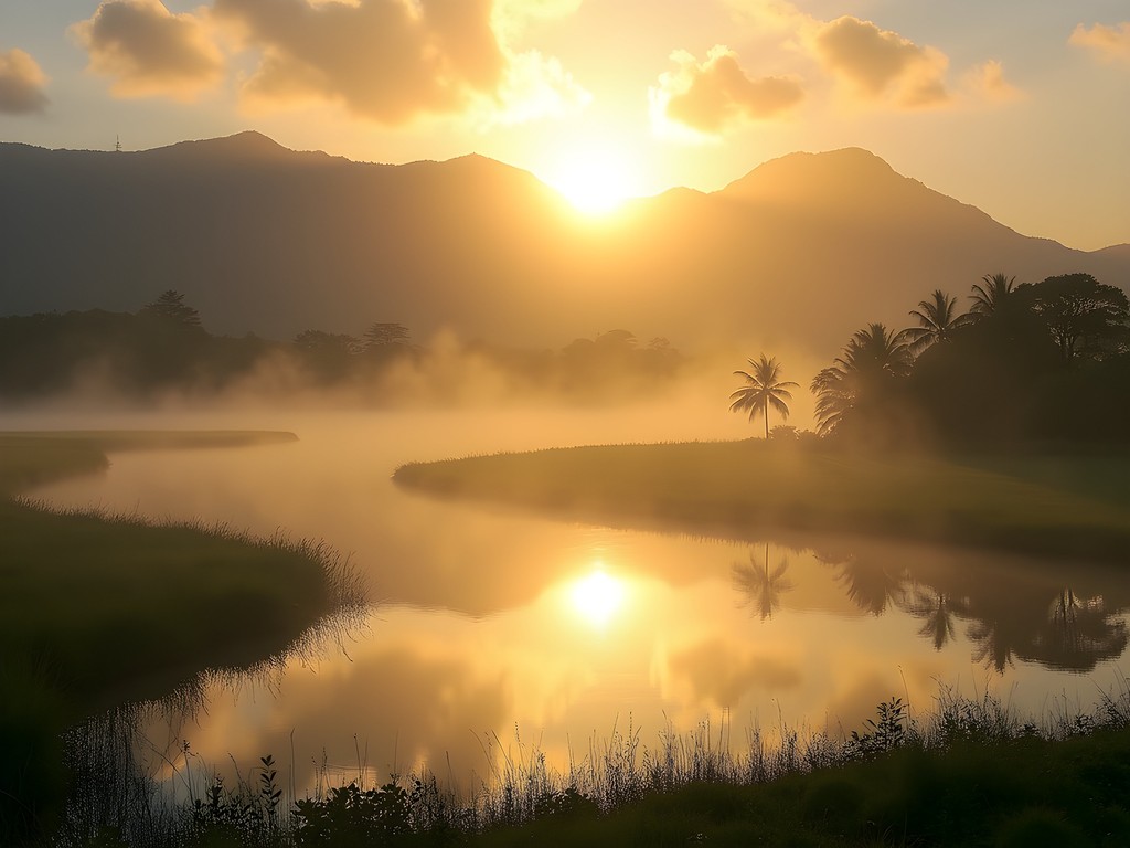 Misty golden sunrise over Kawainui Marsh near Kailua with mountains in background