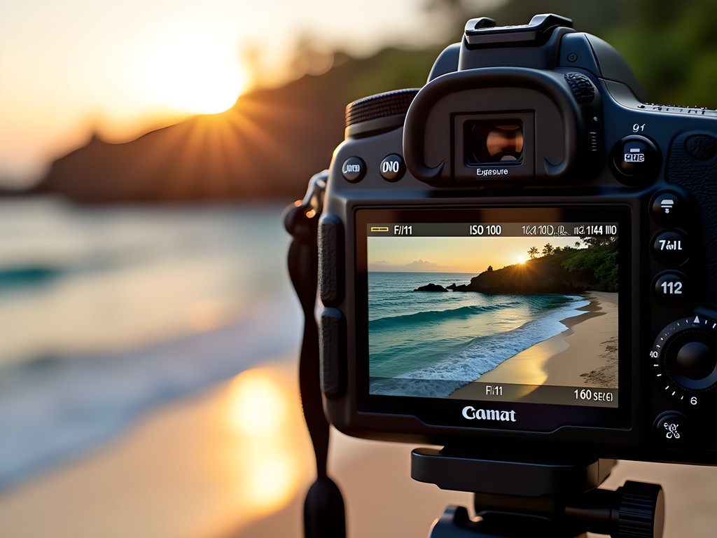 Camera settings demonstration showing perfect golden hour exposure at Kailua Beach