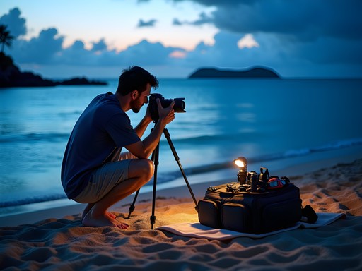 Photographer setting up equipment on Kailua Beach for golden hour shoot with Mokulua Islands in background