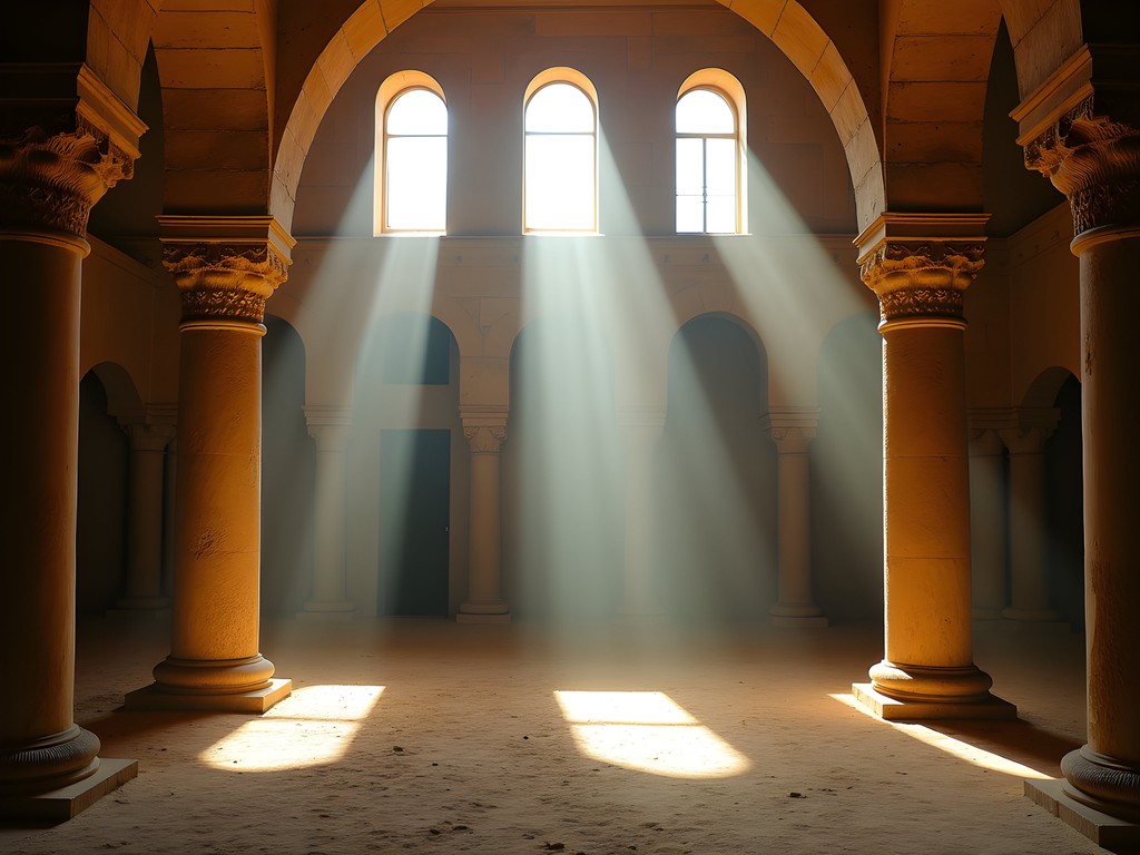 Dramatic light beams through windows in Kairouan's Great Mosque prayer hall