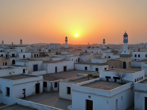 Panoramic view of Kairouan's medina rooftops at sunset with minarets silhouetted