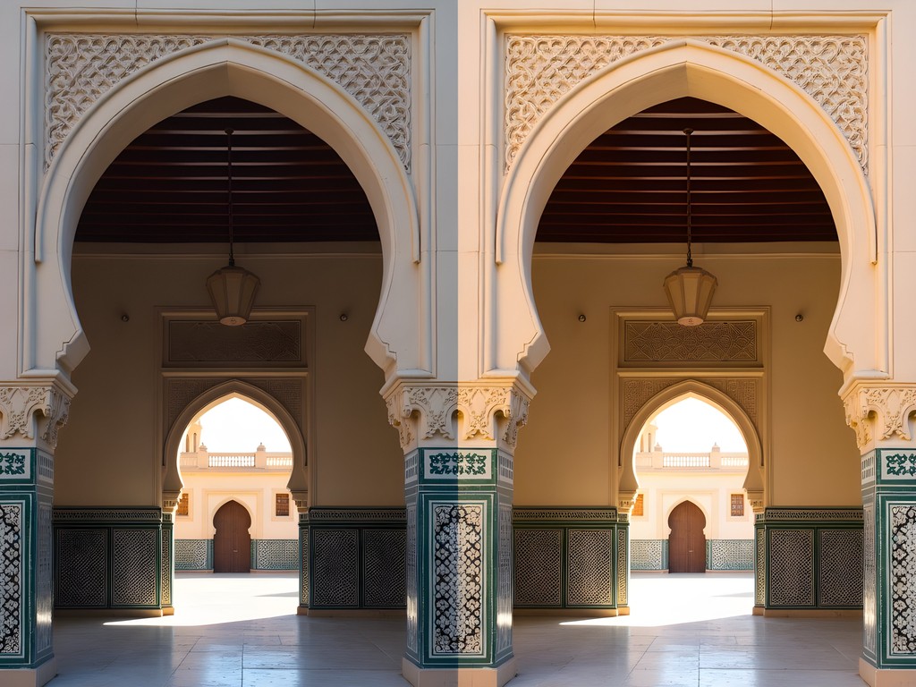 Before and after post-processing comparison of Kairouan architectural photography