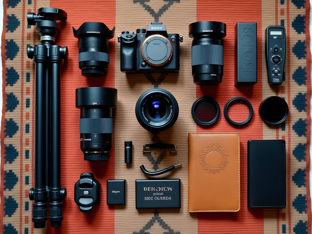 Professional camera gear layout for architectural photography in Kairouan
