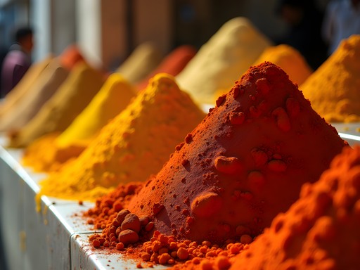Colorful display of spices in geometric patterns at Kandahar bazaar