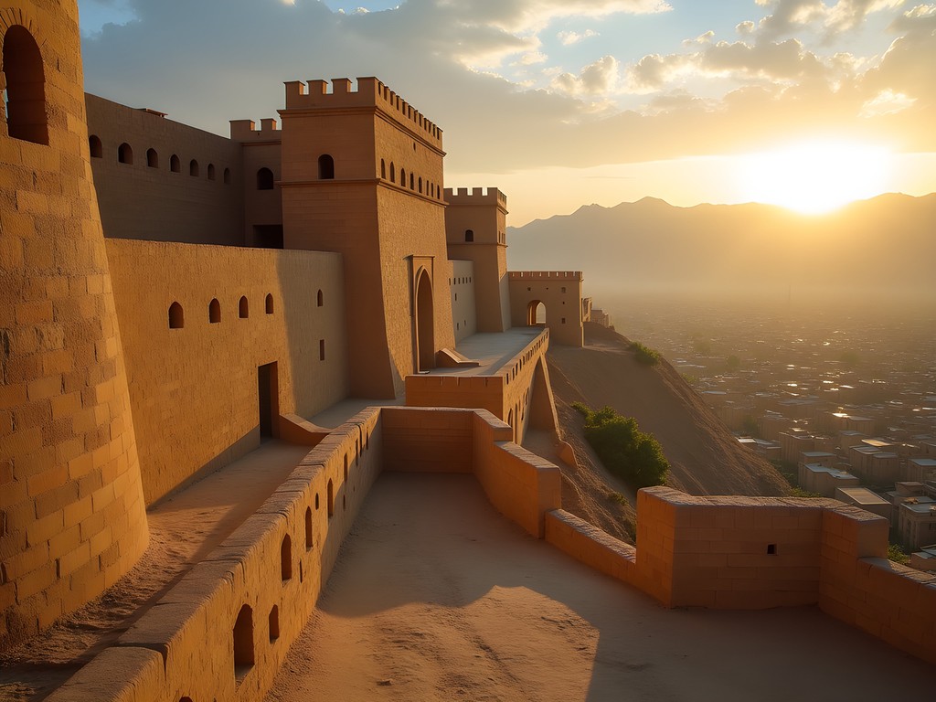 Ancient Kandahar Citadel walls illuminated by golden sunrise light