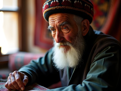 Environmental portrait of elderly Kandahari craftsman in traditional workshop