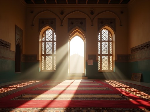 Ethereal light streaming through latticed windows inside Kandahar shrine
