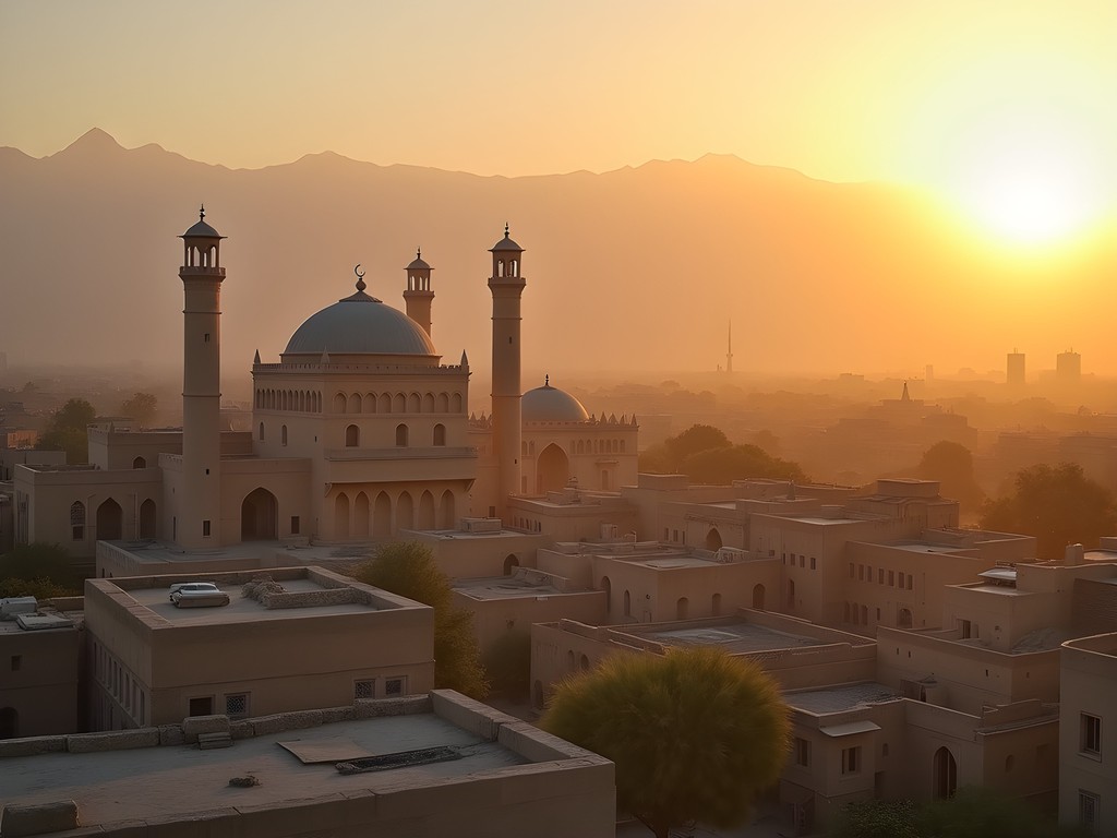Sunrise view over Kandahar's ancient city with minarets and mud-brick buildings