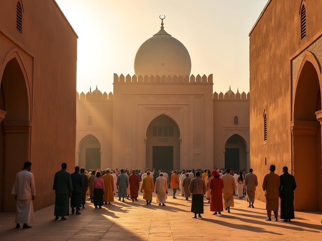 Devotees gathering for Friday prayers outside Kankan's Grand Mosque in soft morning light