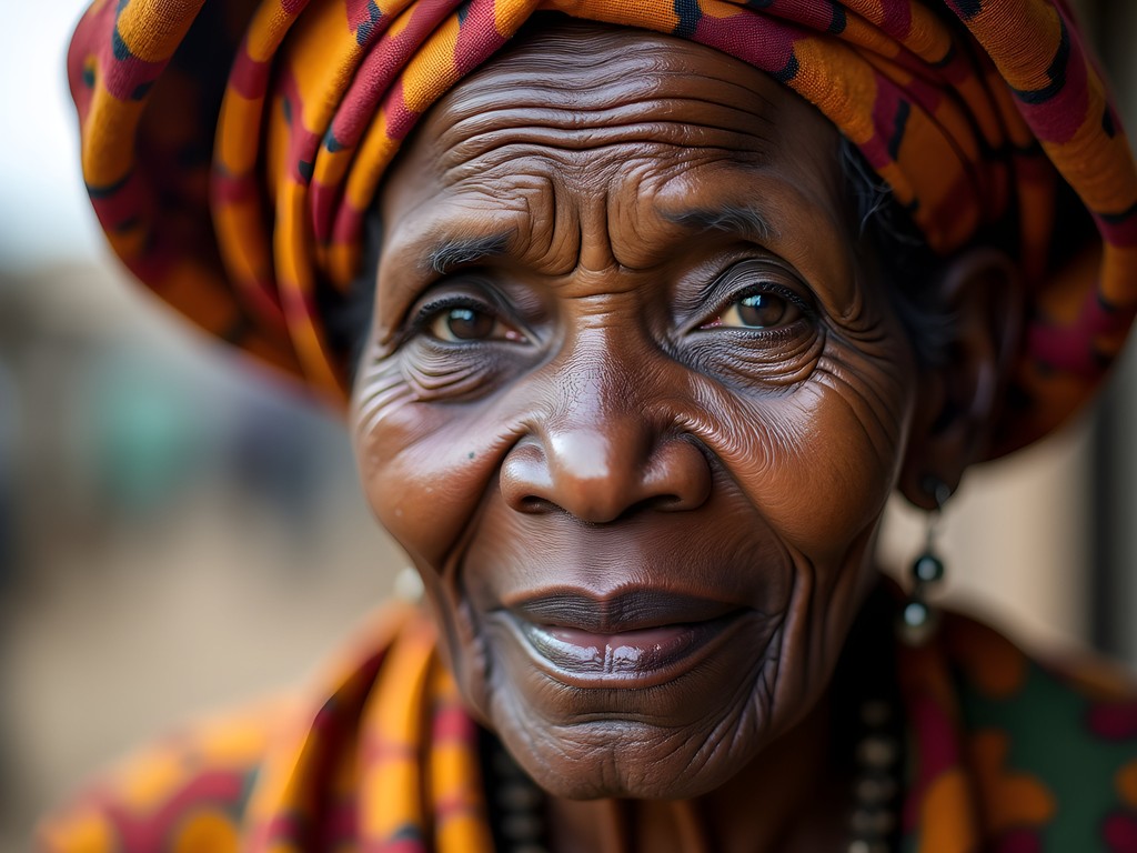 Intimate portrait of elderly Malinke market vendor in Kankan with weathered features in natural light