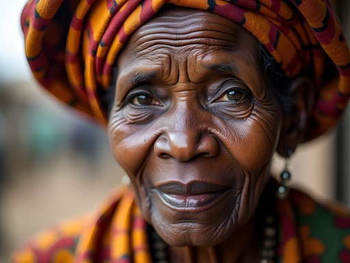 Intimate portrait of elderly Malinke market vendor in Kankan with weathered features in natural light