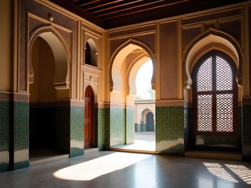 Intricate geometric patterns and zellige tilework in Ben Youssef Madrasa illuminated by early morning light