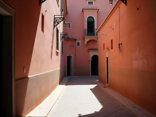 Dramatic light and shadow play in a narrow alleyway of Marrakech's ancient Medina