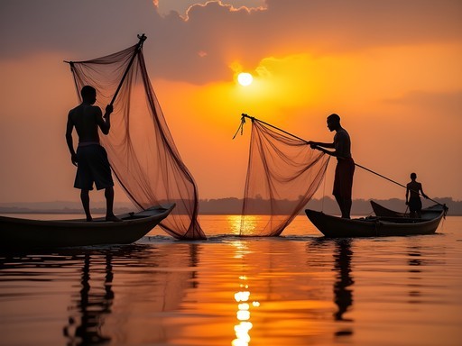 Silhouette of traditional fishermen casting nets on the Milo River near Kankan at sunset