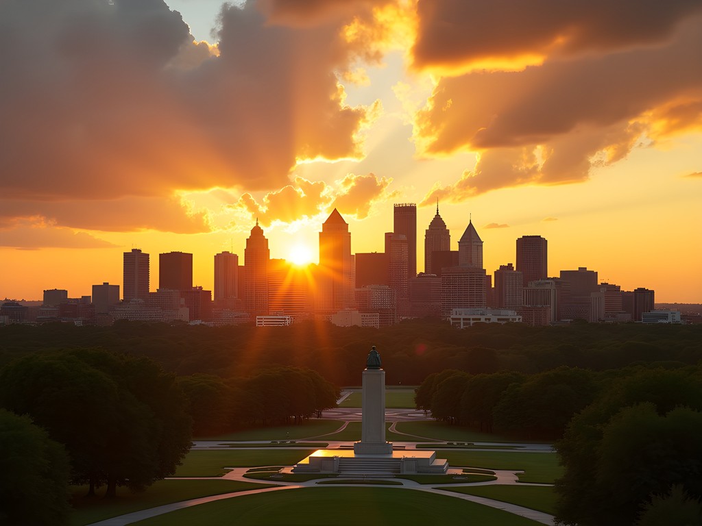 Kansas City downtown skyline at sunset from Liberty Memorial