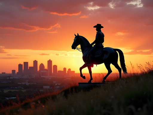 The Scout statue silhouetted against Kansas City sunrise