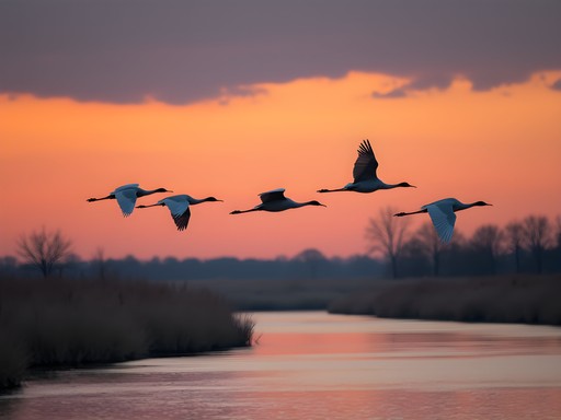 Abstract motion blur of sandhill cranes flying over Platte River at dusk