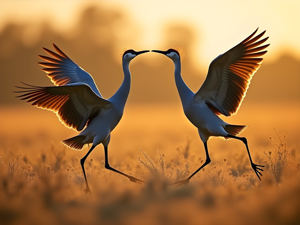 Pair of sandhill cranes performing courtship dance in golden morning light