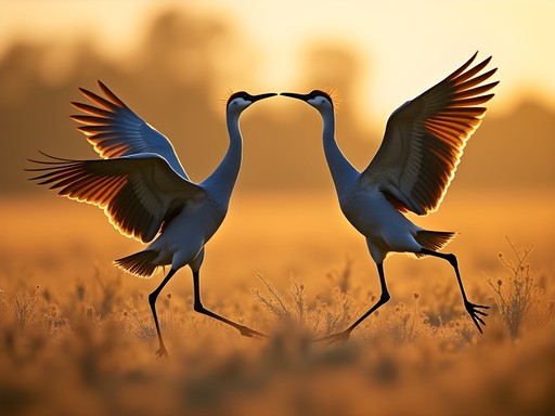 Pair of sandhill cranes performing courtship dance in golden morning light