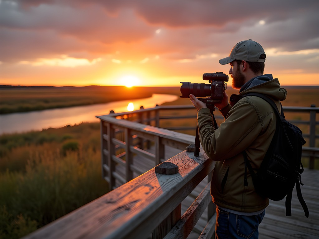 Marco Sharma on elevated crane viewing platform at sunset with camera gear