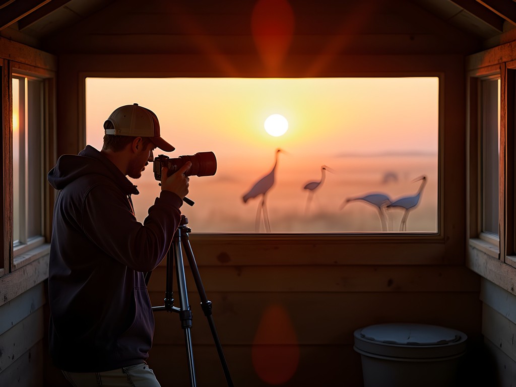 Photographer in wooden blind photographing sandhill cranes at sunrise