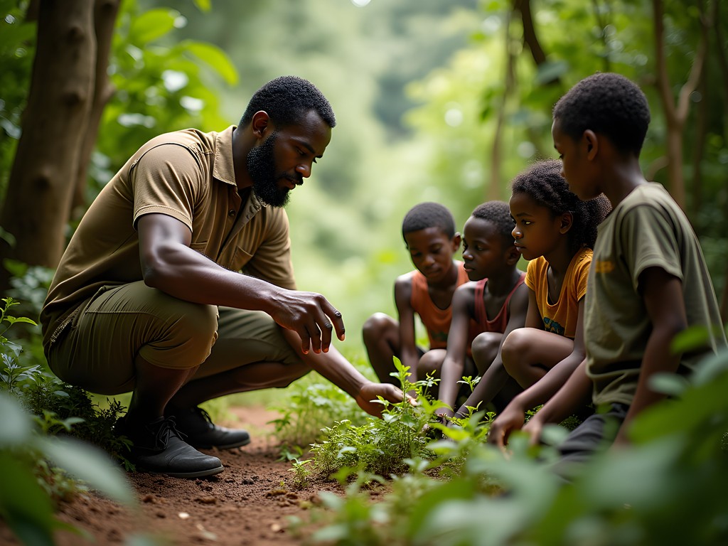 Former hunter turned eco-guide teaching local children about wildlife in forest near Kenema, Sierra Leone