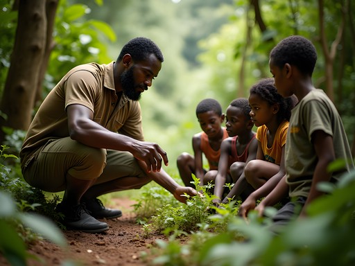 Former hunter turned eco-guide teaching local children about wildlife in forest near Kenema, Sierra Leone