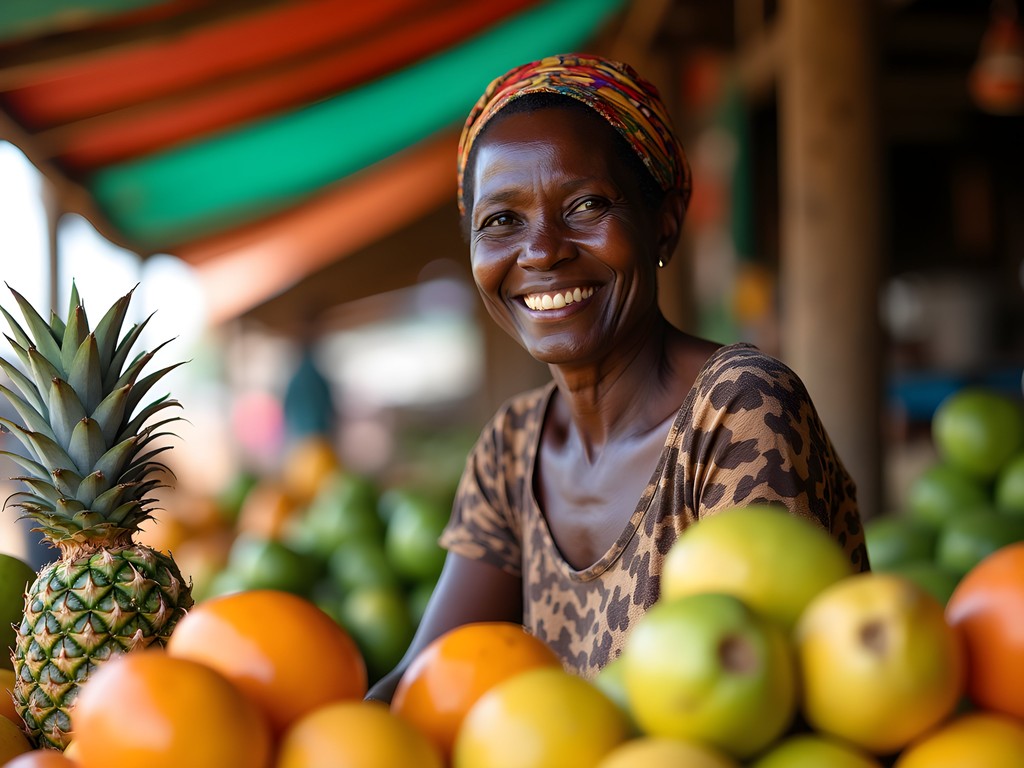 Smiling Sierra Leonean fruit vendor Aminata proudly displaying colorful tropical fruits at Kenema Market