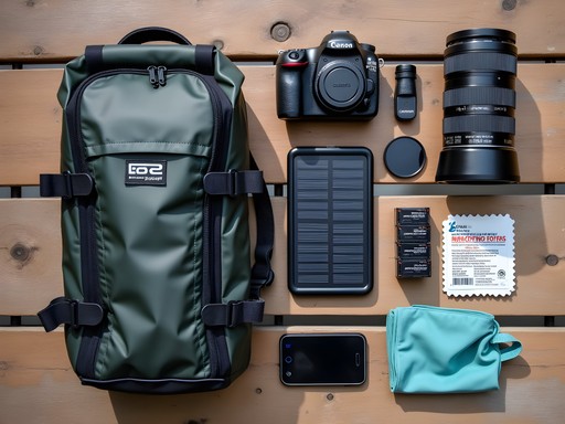Travel photography gear setup for challenging conditions in Sierra Leone with solar charger and weatherproof equipment