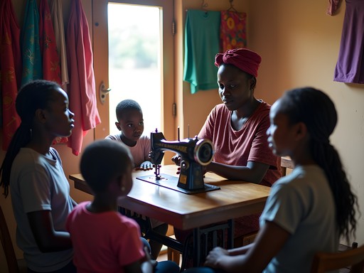 Sierra Leonean woman entrepreneur teaching sewing skills to young girls in small tailor shop in Kenema