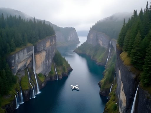 Aerial view of dramatic granite cliffs and waterfalls in Misty Fjords National Monument Alaska