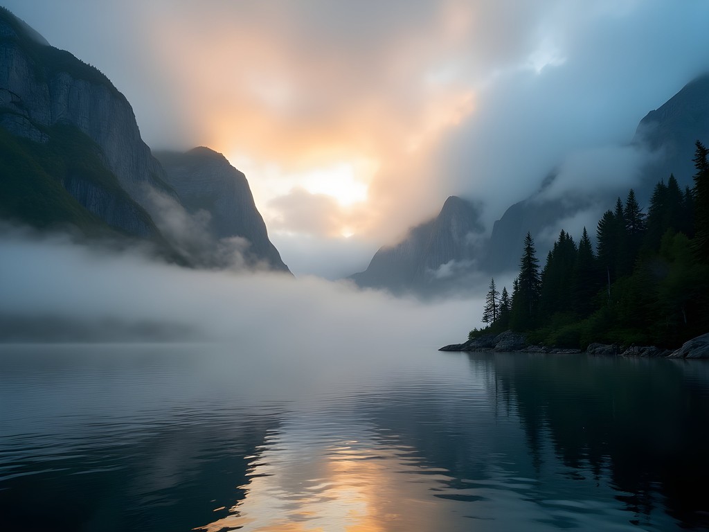 Early morning light breaking through mist over Misty Fjords National Monument in Ketchikan Alaska