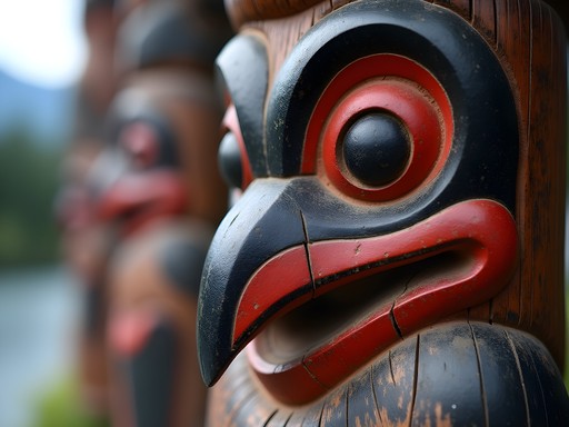 Close-up detail of traditional Tlingit raven carving on totem pole at Totem Bight State Park Ketchikan
