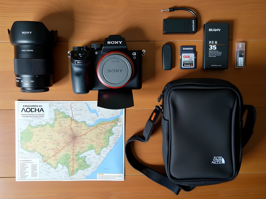 Photography gear laid out for Kinshasa street photography