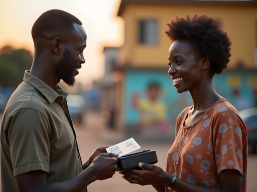 Photographer sharing instant prints with portrait subjects in Kinshasa